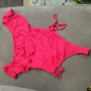 💥50% sale💥F21 red ribbed ruffle top body suit L #b724